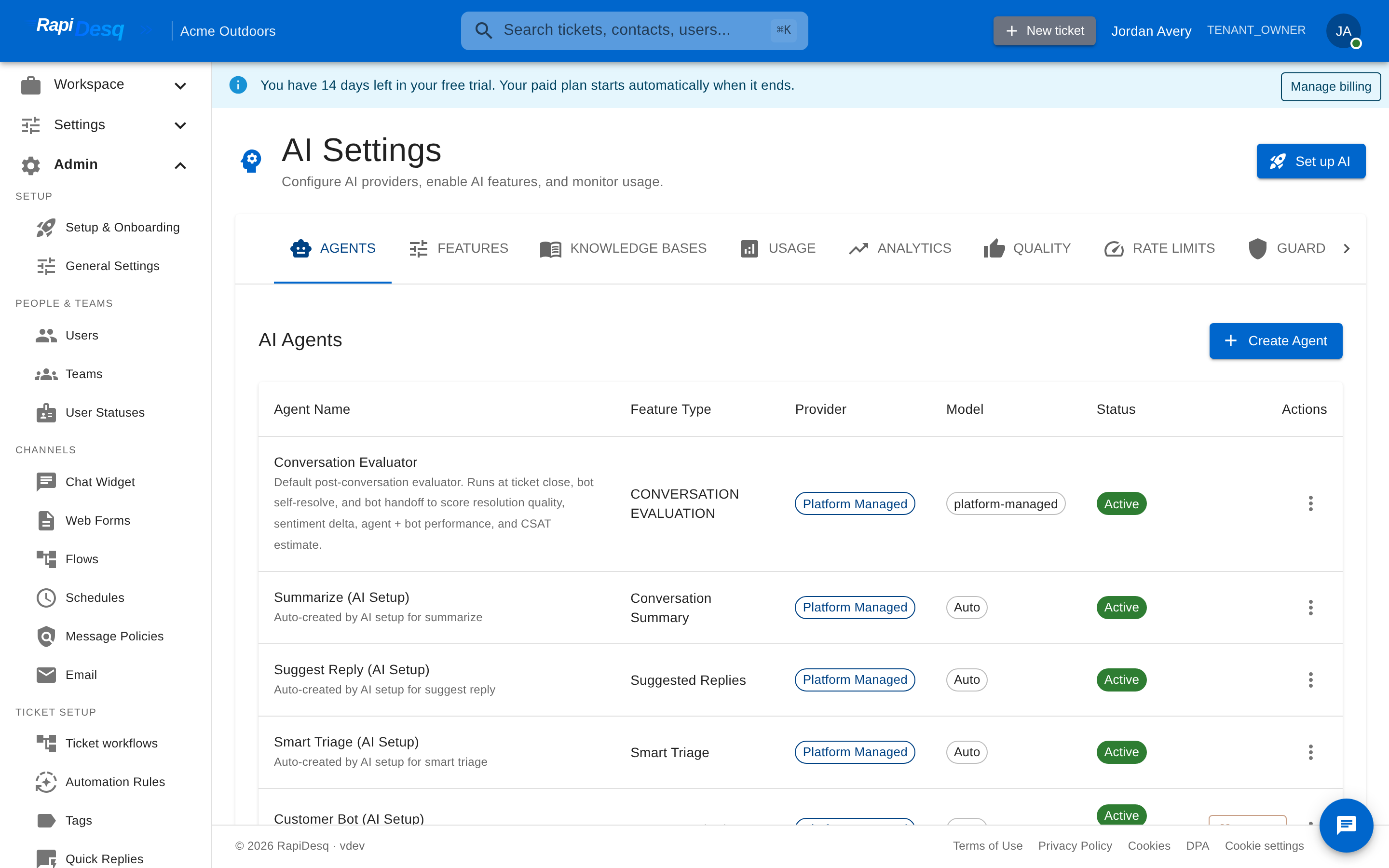 The AI Settings Agents tab showing the list of configured AI agents