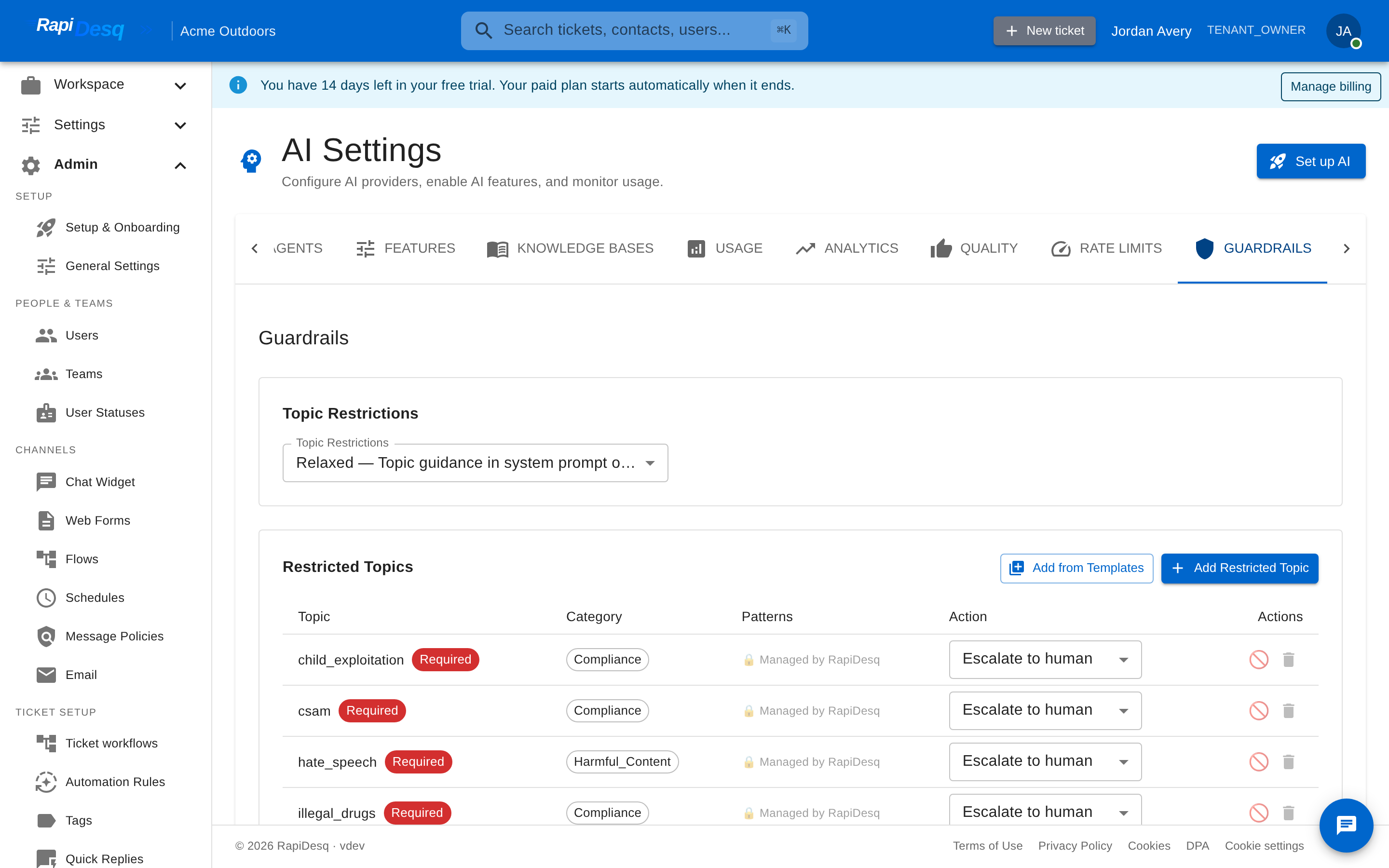The AI Settings Guardrails tab showing topic restrictions and PII protection settings