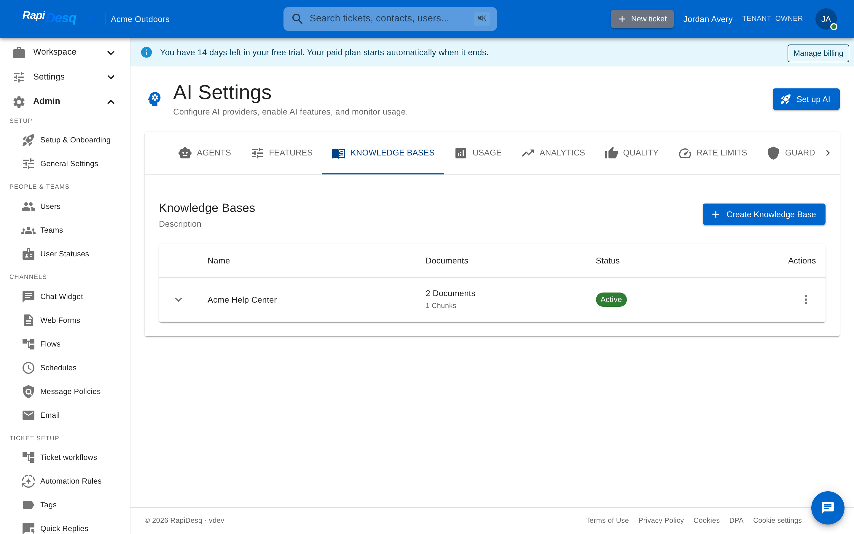 The Knowledge Bases tab listing knowledge bases with document counts and status