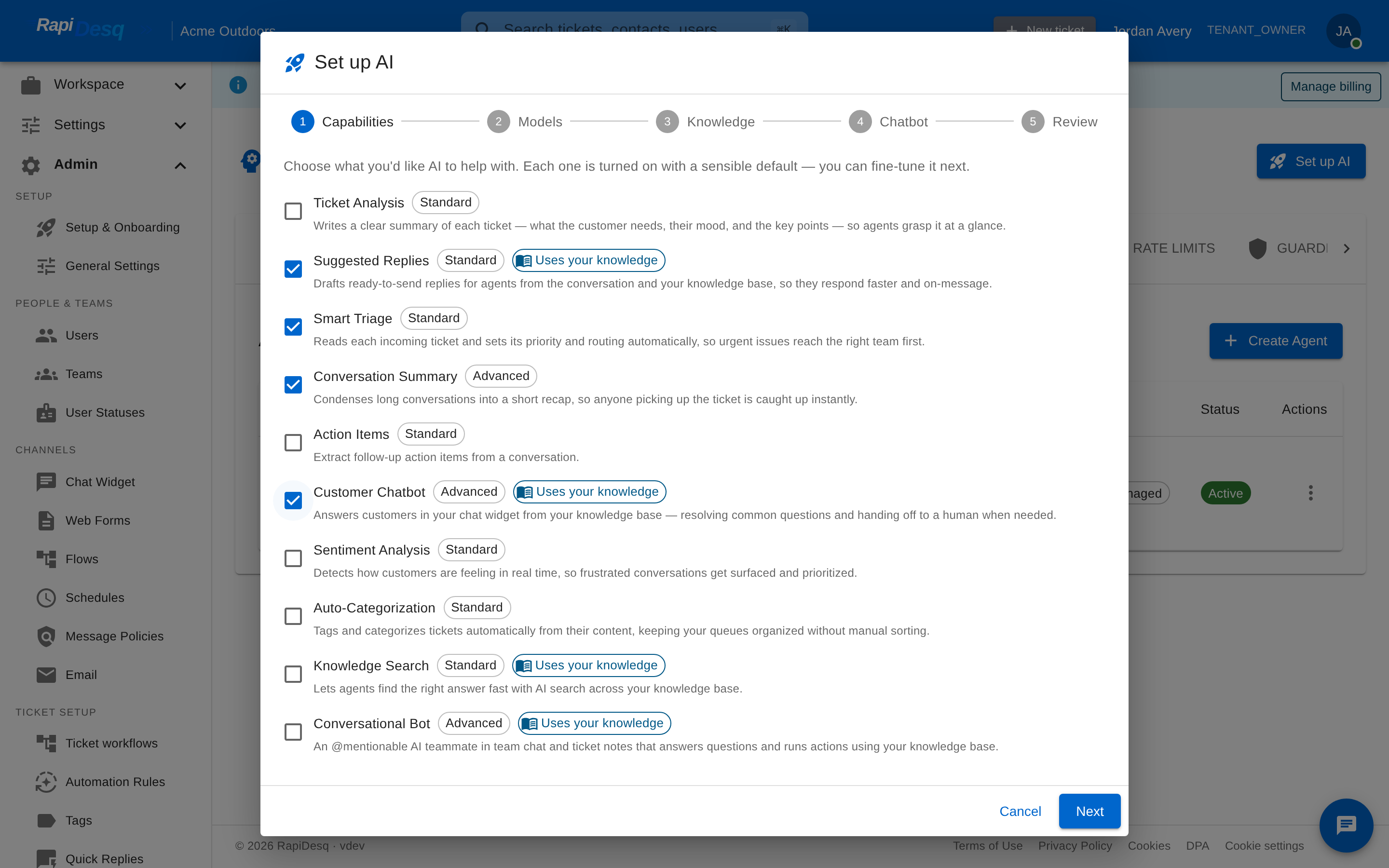 The Set up AI wizard's capabilities step with selectable AI capabilities