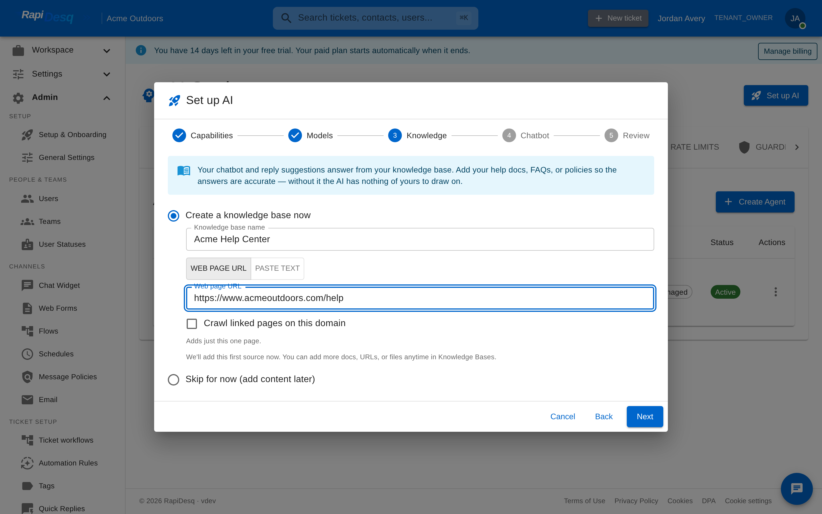 The Set up AI wizard's knowledge step with inline knowledge base creation