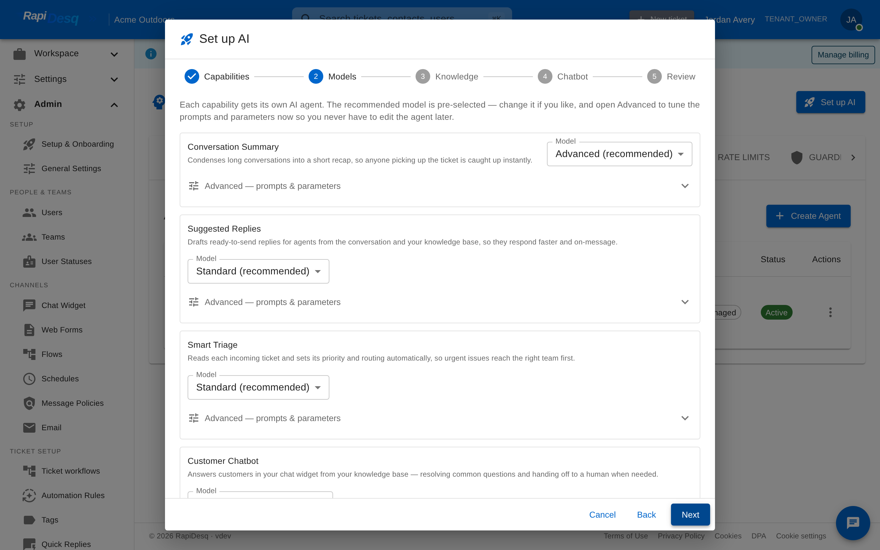 The Set up AI wizard's models step with a recommended model tier pre-selected per agent