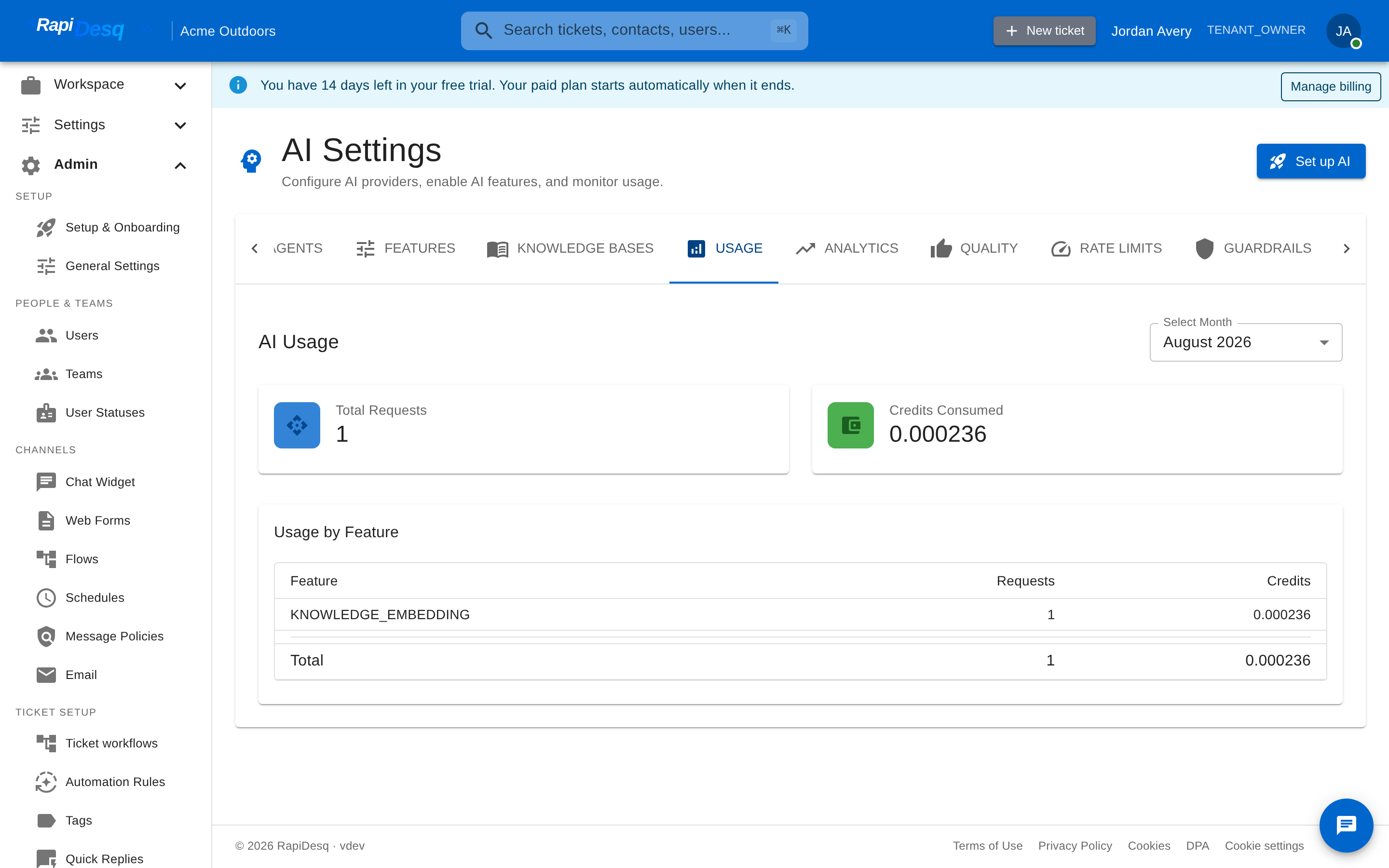 The AI Settings Usage tab showing monthly AI usage broken down by feature