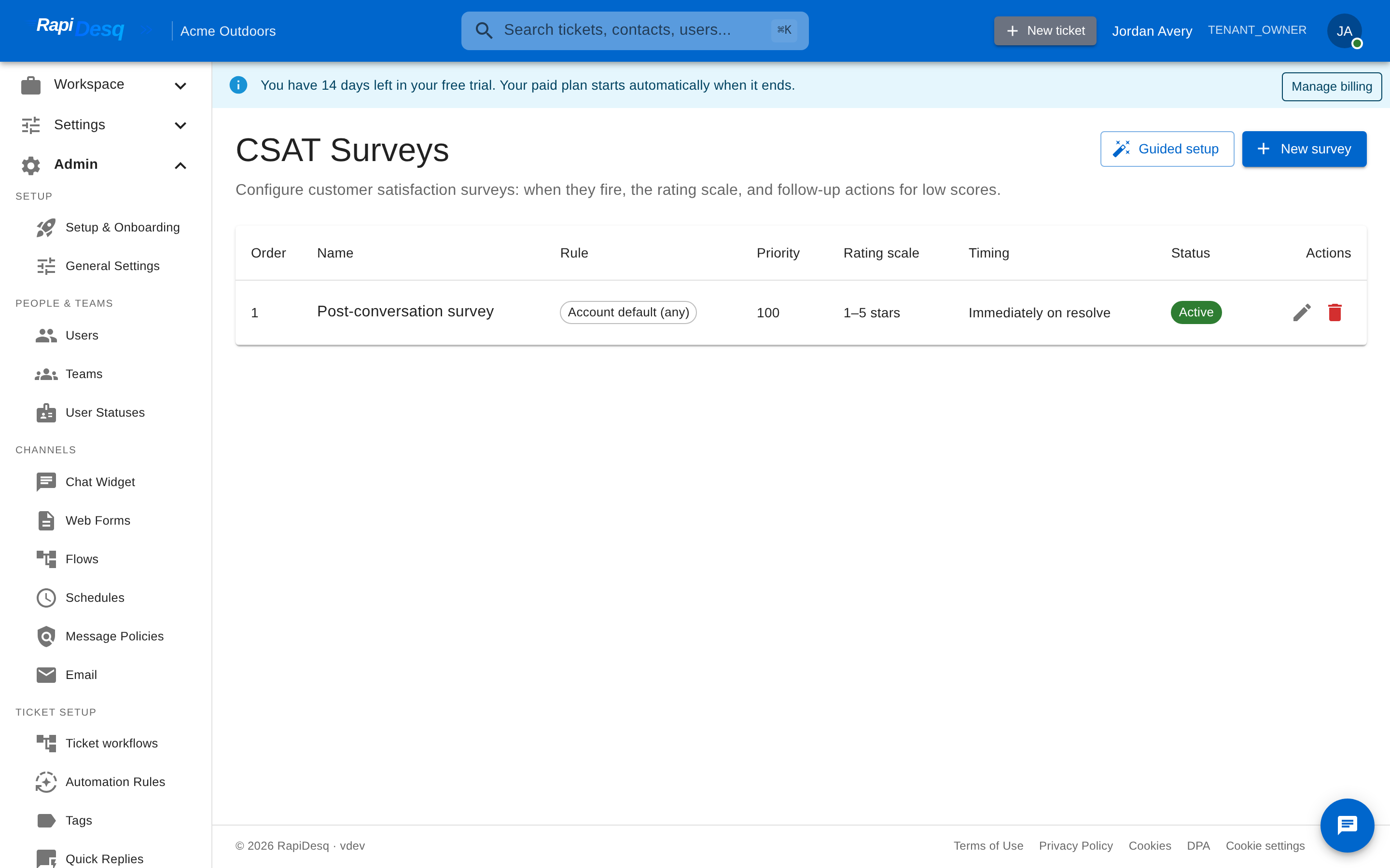 The Admin CSAT Surveys page showing configured surveys with their scope, rating scale, timing, and status