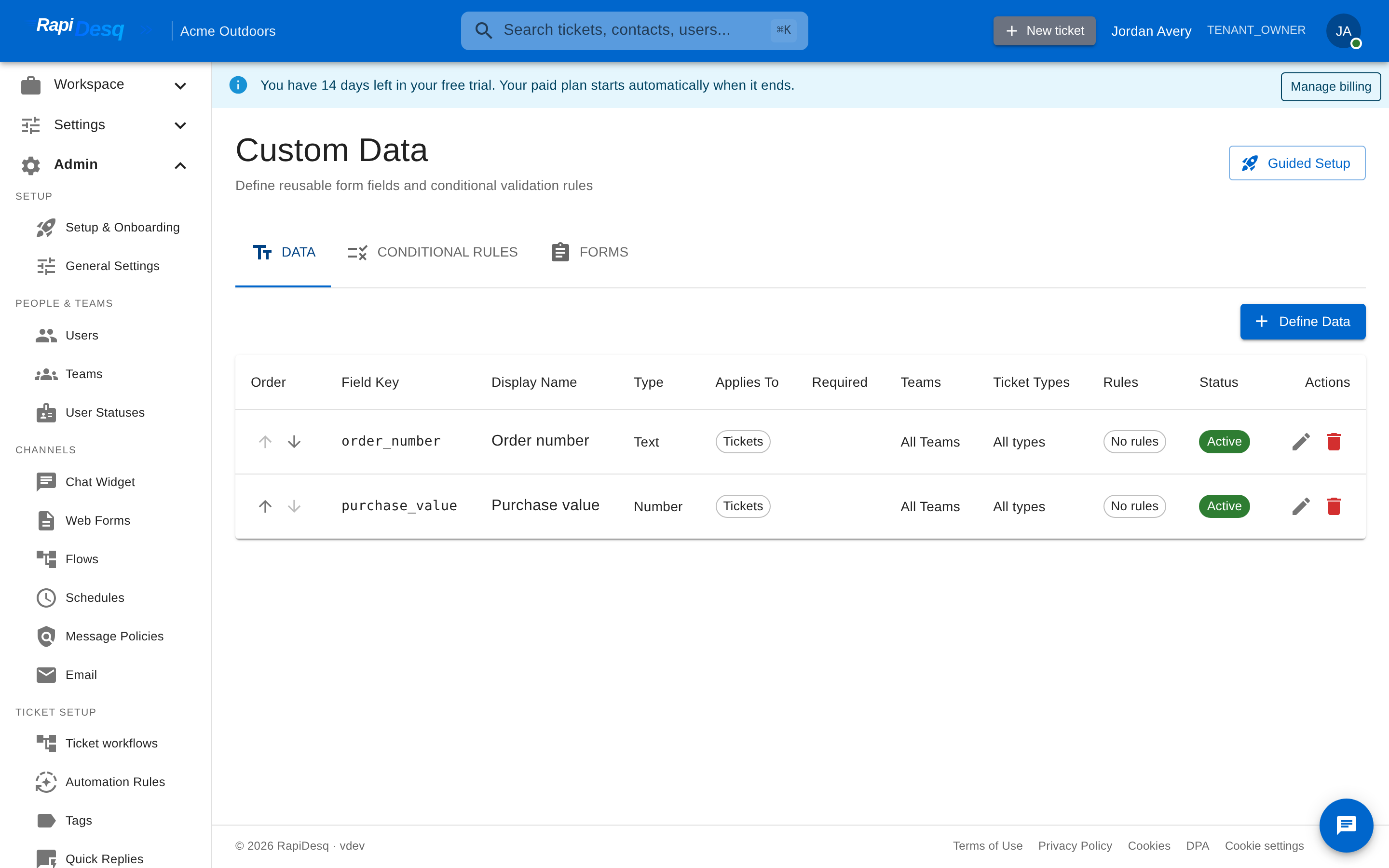 The Admin Custom Data page showing the list of defined data fields with their types and scopes