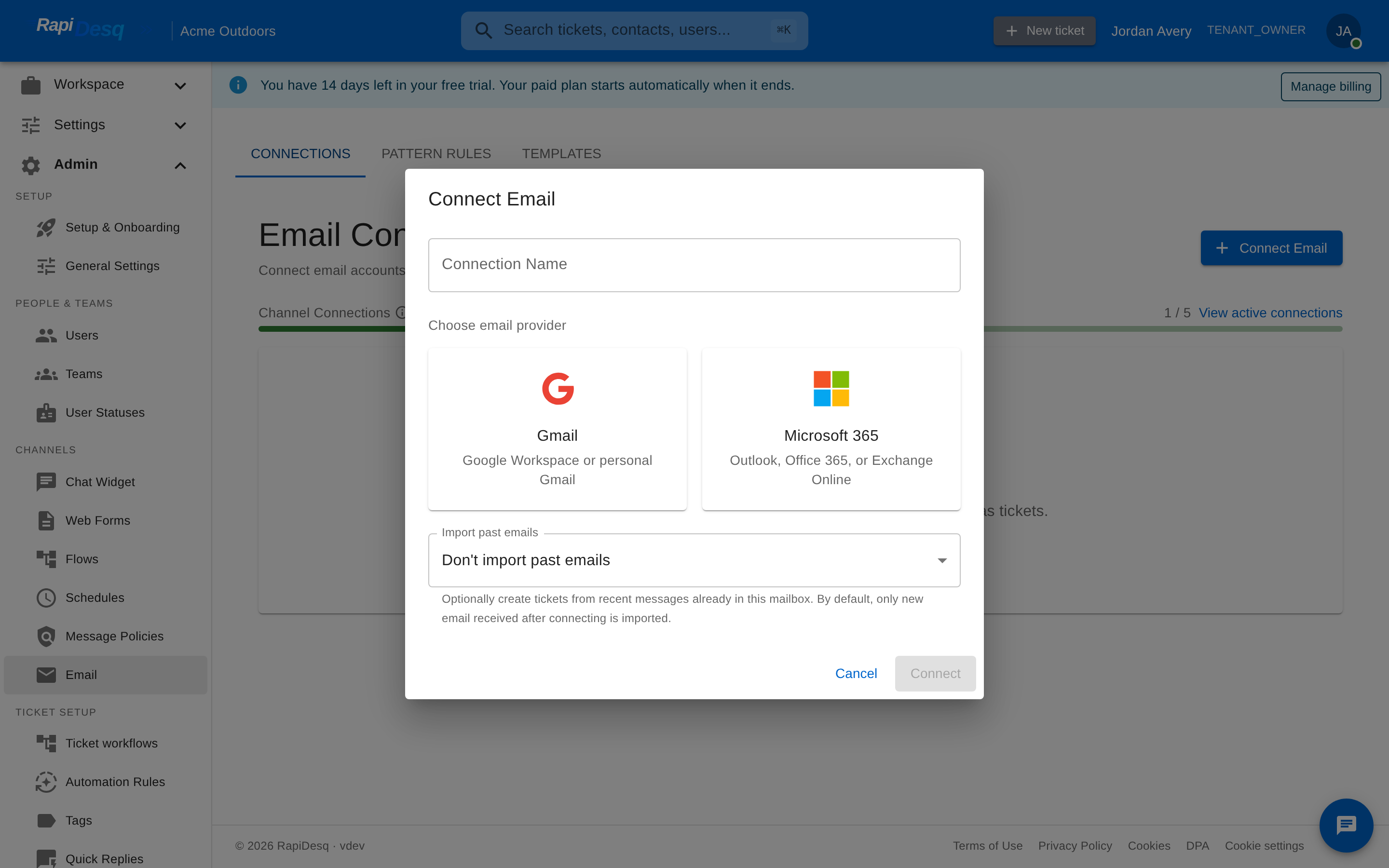 The Connect Email dialog with a connection name field and provider cards for Gmail and Microsoft 365