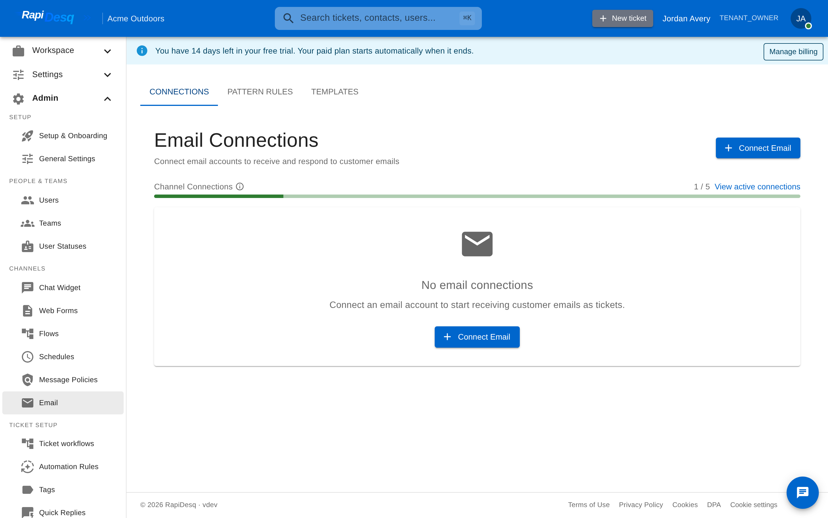 The Email channel admin page showing the Connections, Pattern Rules, and Templates tabs with a list of connected email accounts