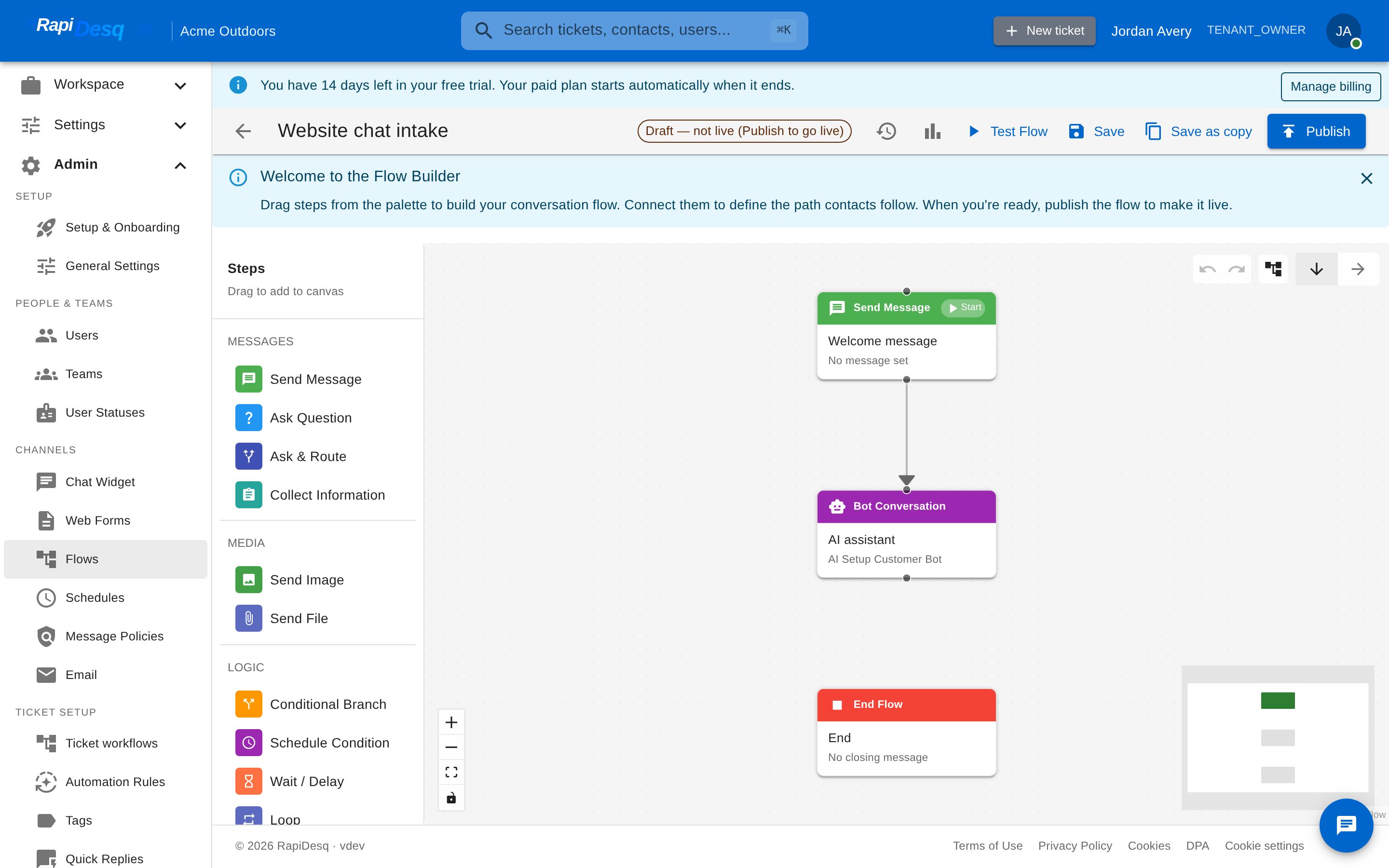 The visual flow builder canvas with a welcome message connected to an AI assistant step and an end step