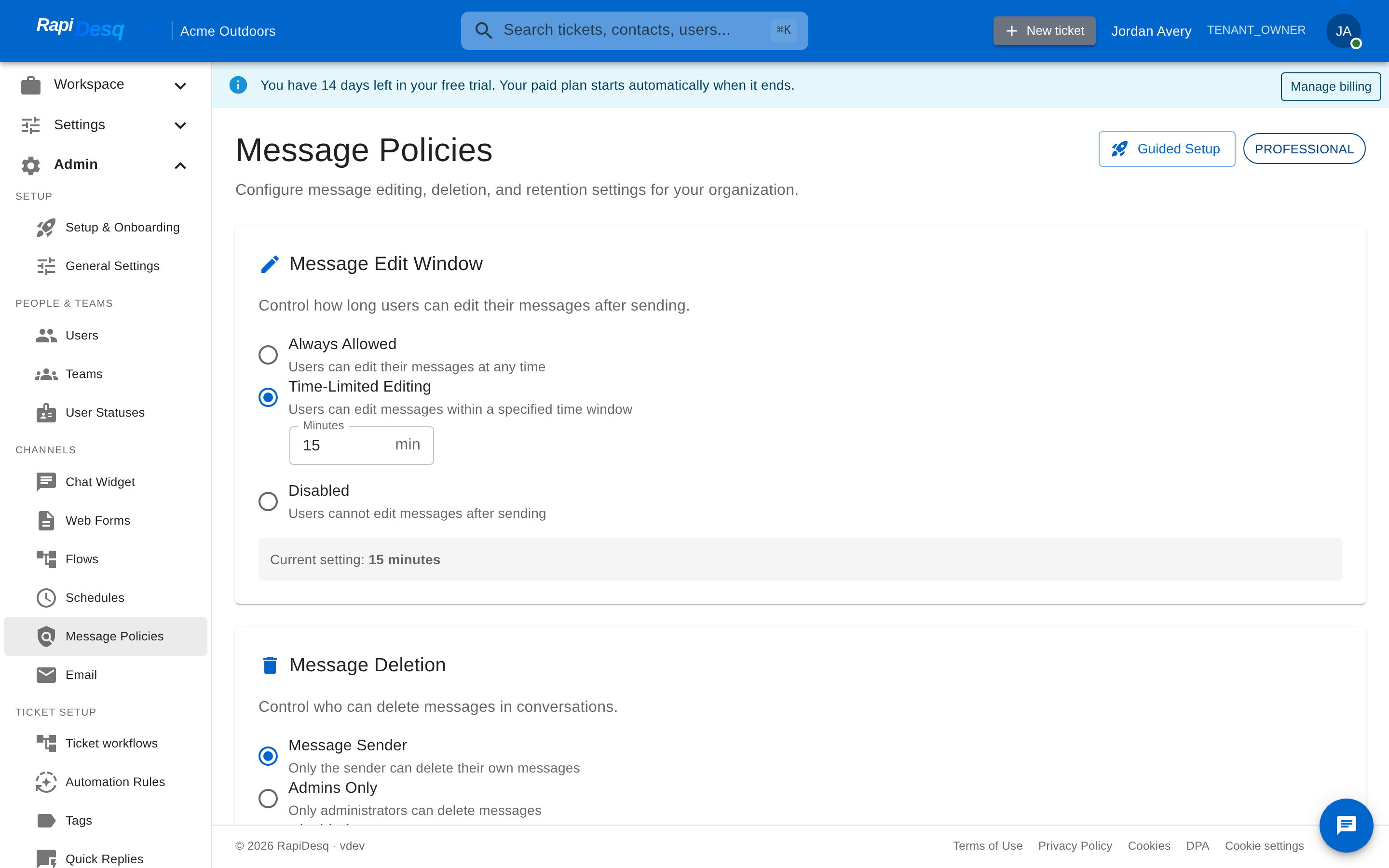 The Message Policies admin page showing the Message Edit Window, Message Deletion, and Data Retention sections