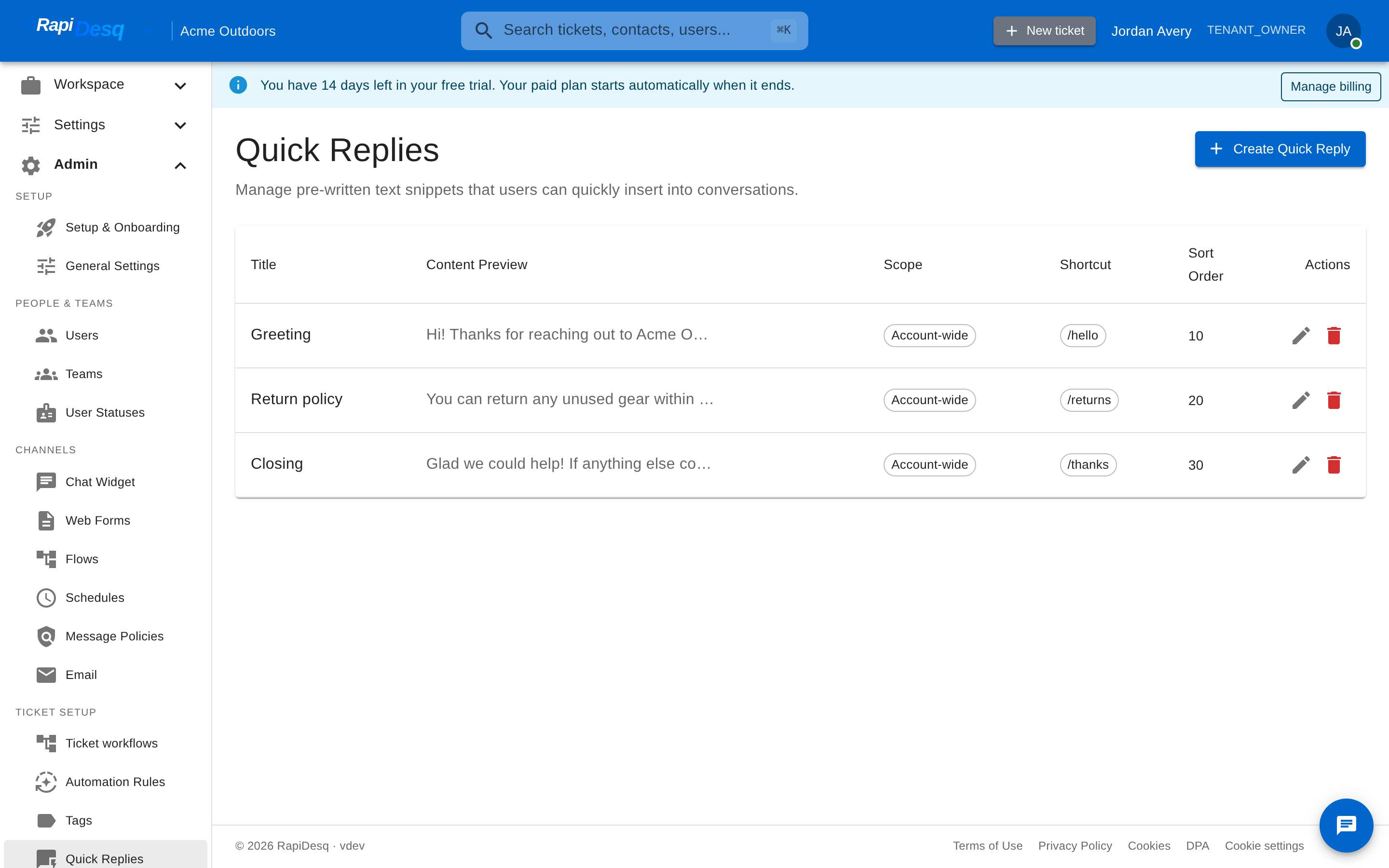 The Quick Replies admin page listing replies with their content preview, scope, shortcut, and sort order