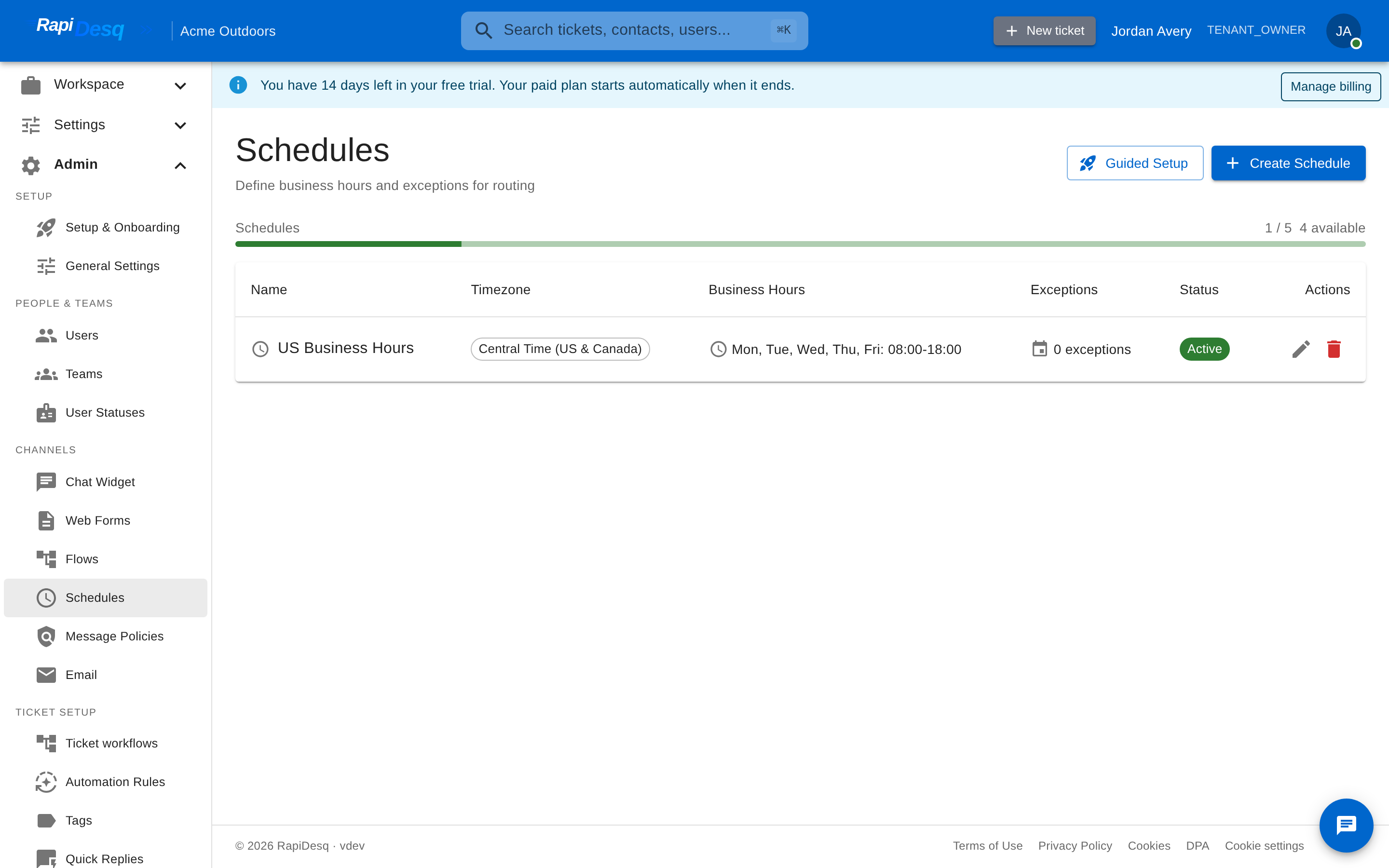 The Schedules admin page showing schedules with their timezone, business hours, and exception counts