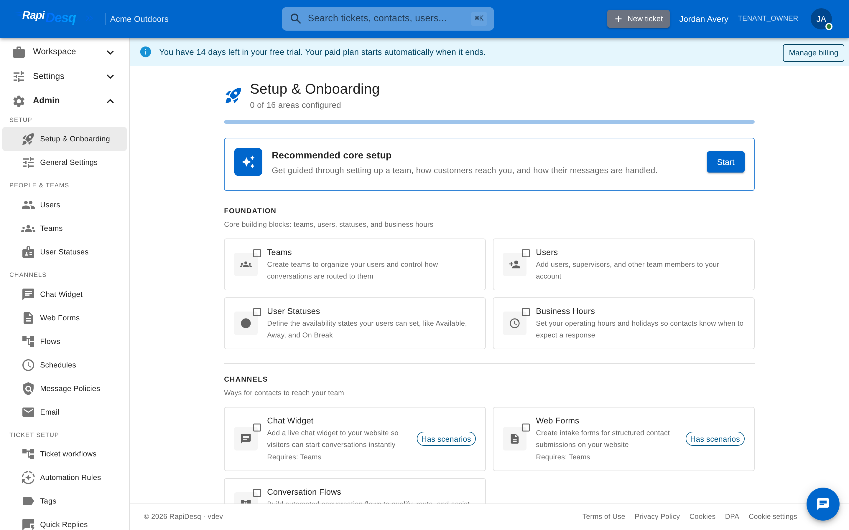 Setup and Onboarding hub showing task cards grouped into Foundation, Channels, Email, Intelligence, and Compliance categories with a progress bar