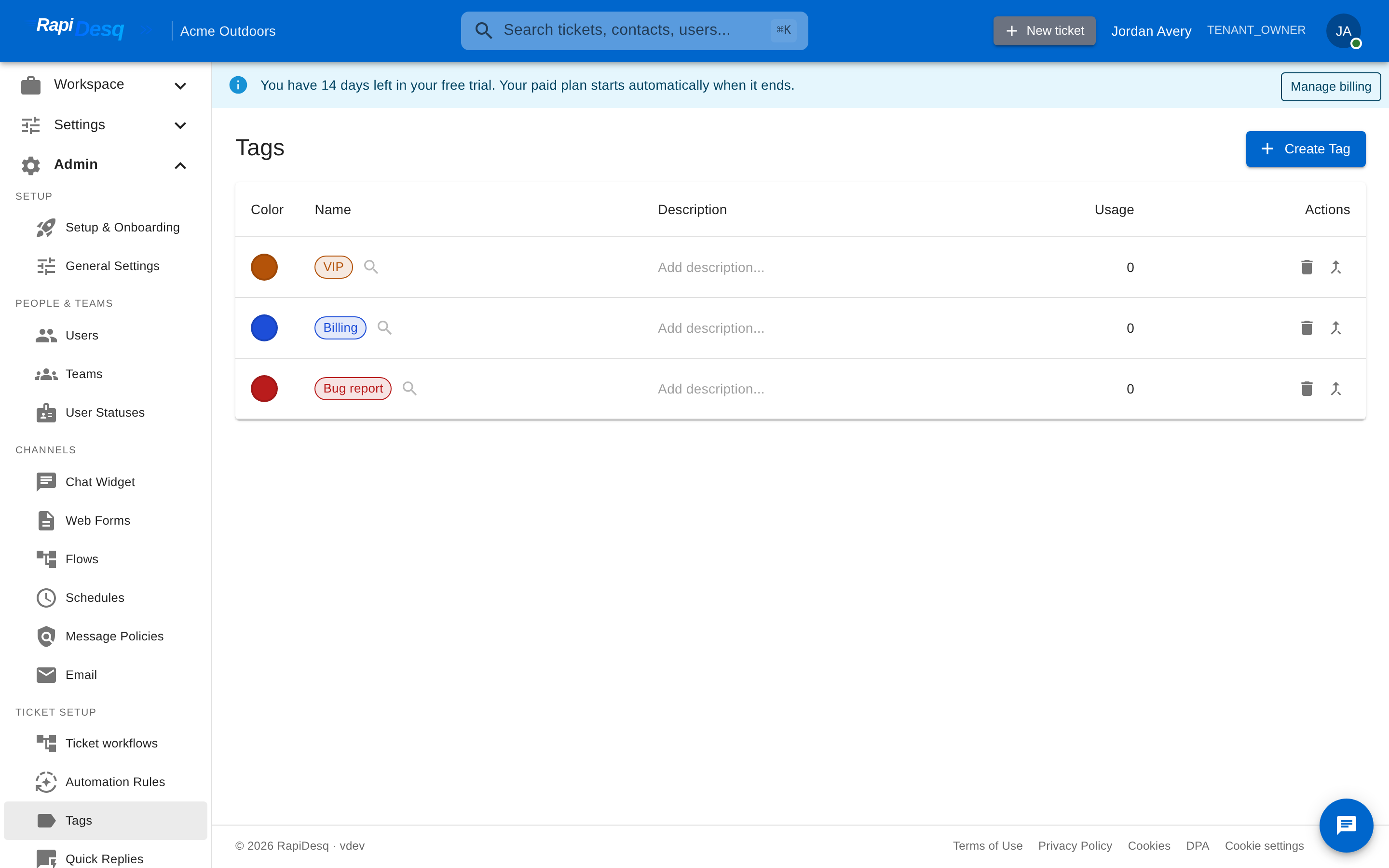 The Tags admin page showing the tag library with colors, descriptions, and usage counts