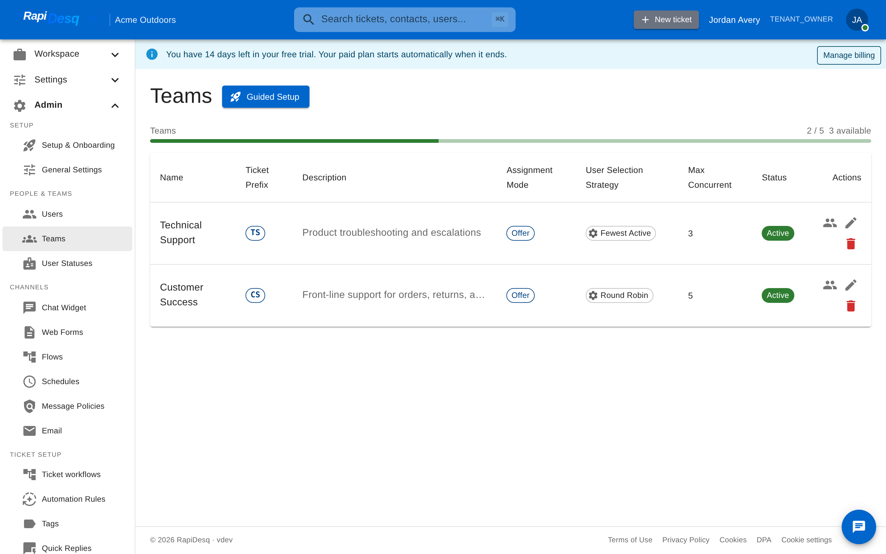 The Teams admin page showing a list of teams with their routing configuration