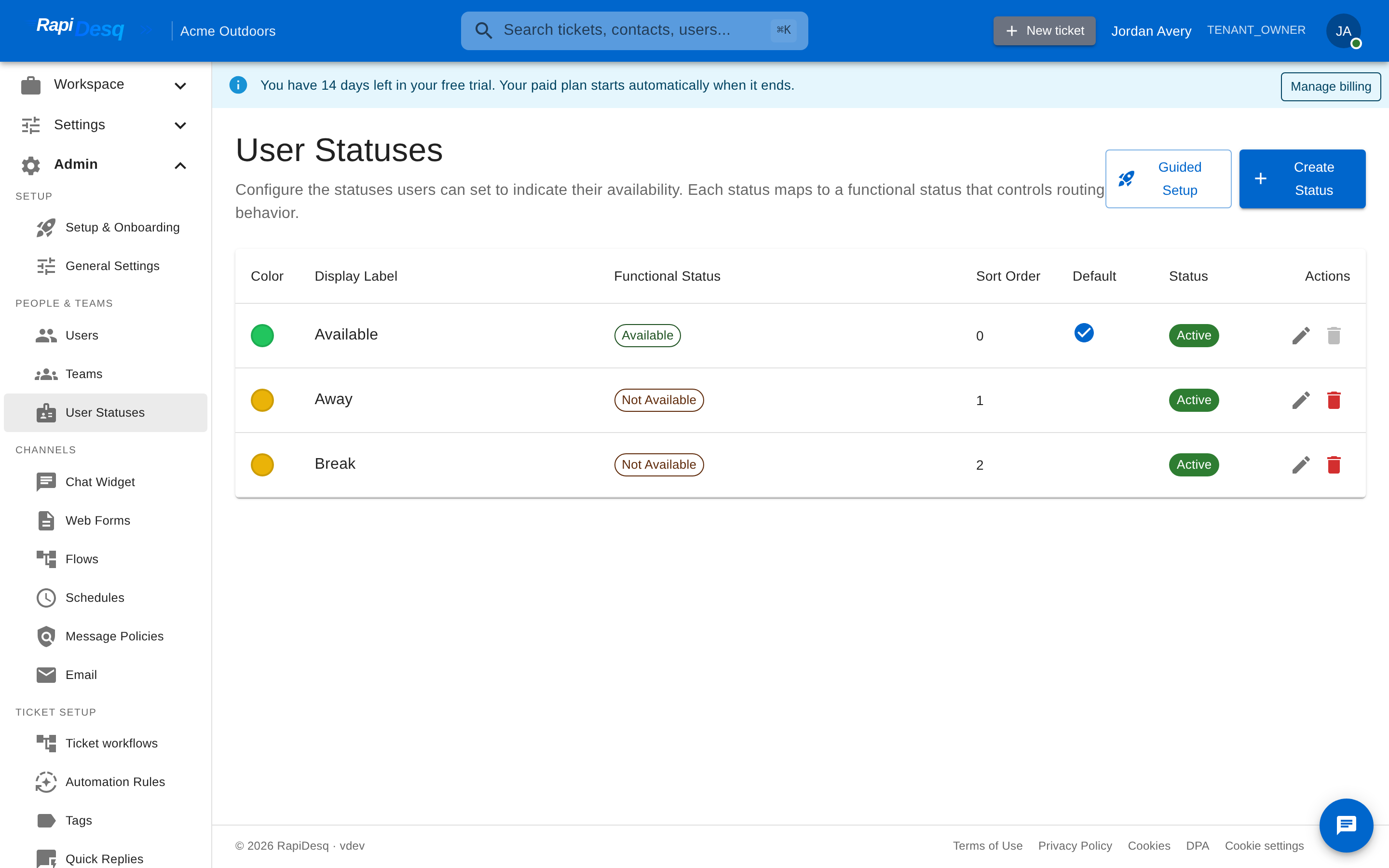 The User Statuses admin page listing custom statuses with their color, functional status, sort order, and default flag
