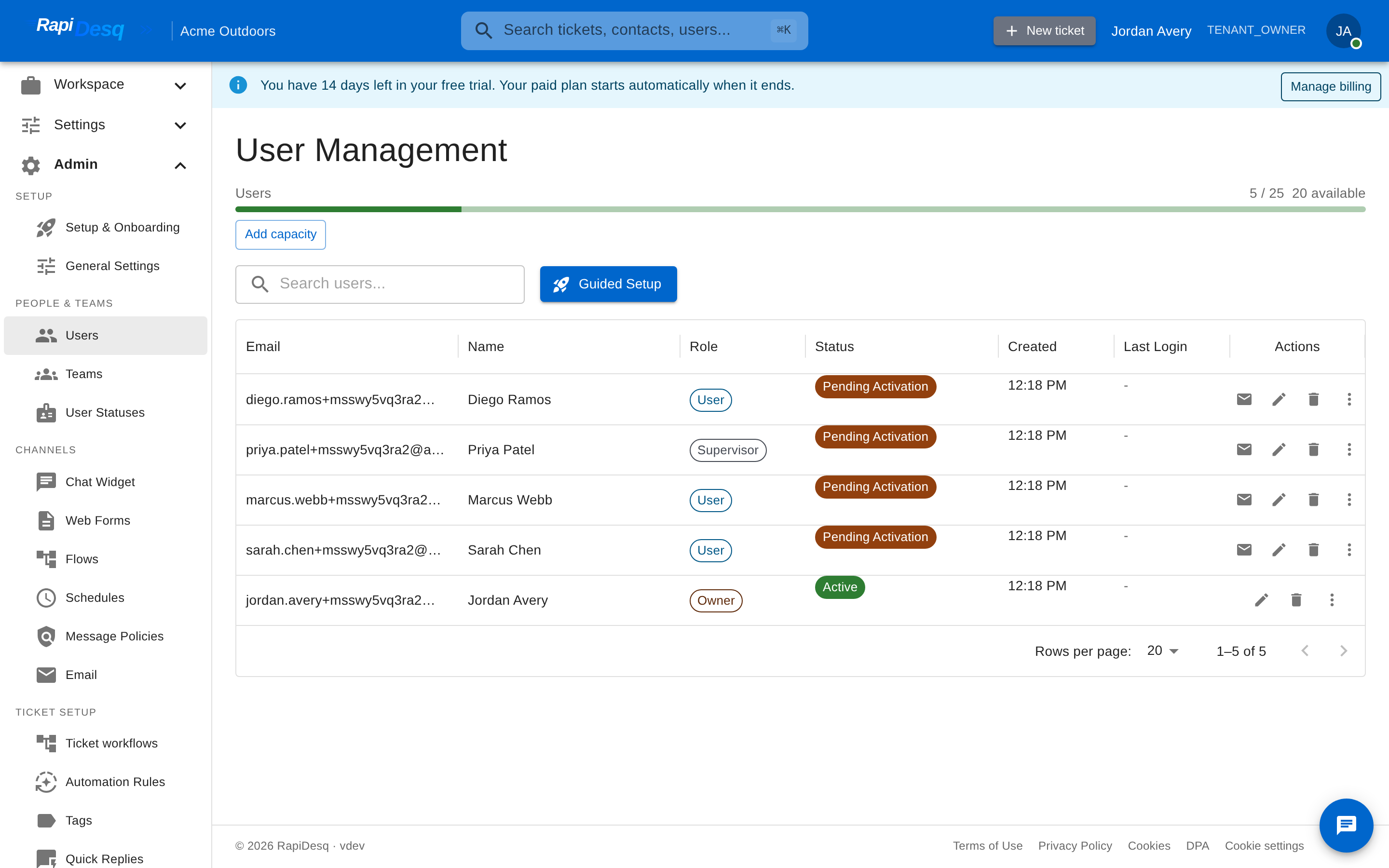 The Users admin page listing users with their assigned roles and statuses