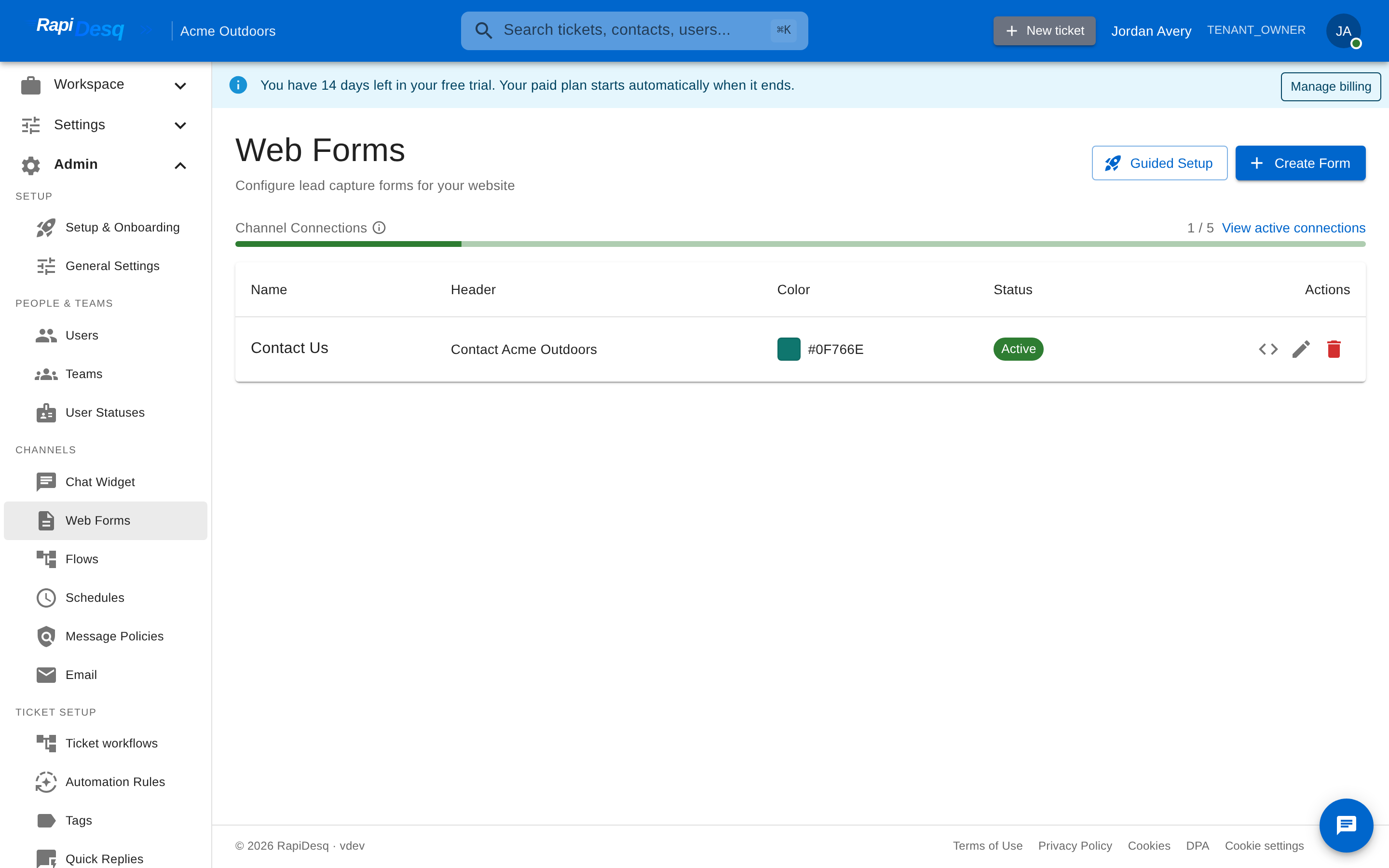 The Web Forms admin page showing the form list with embed code, edit, and delete actions