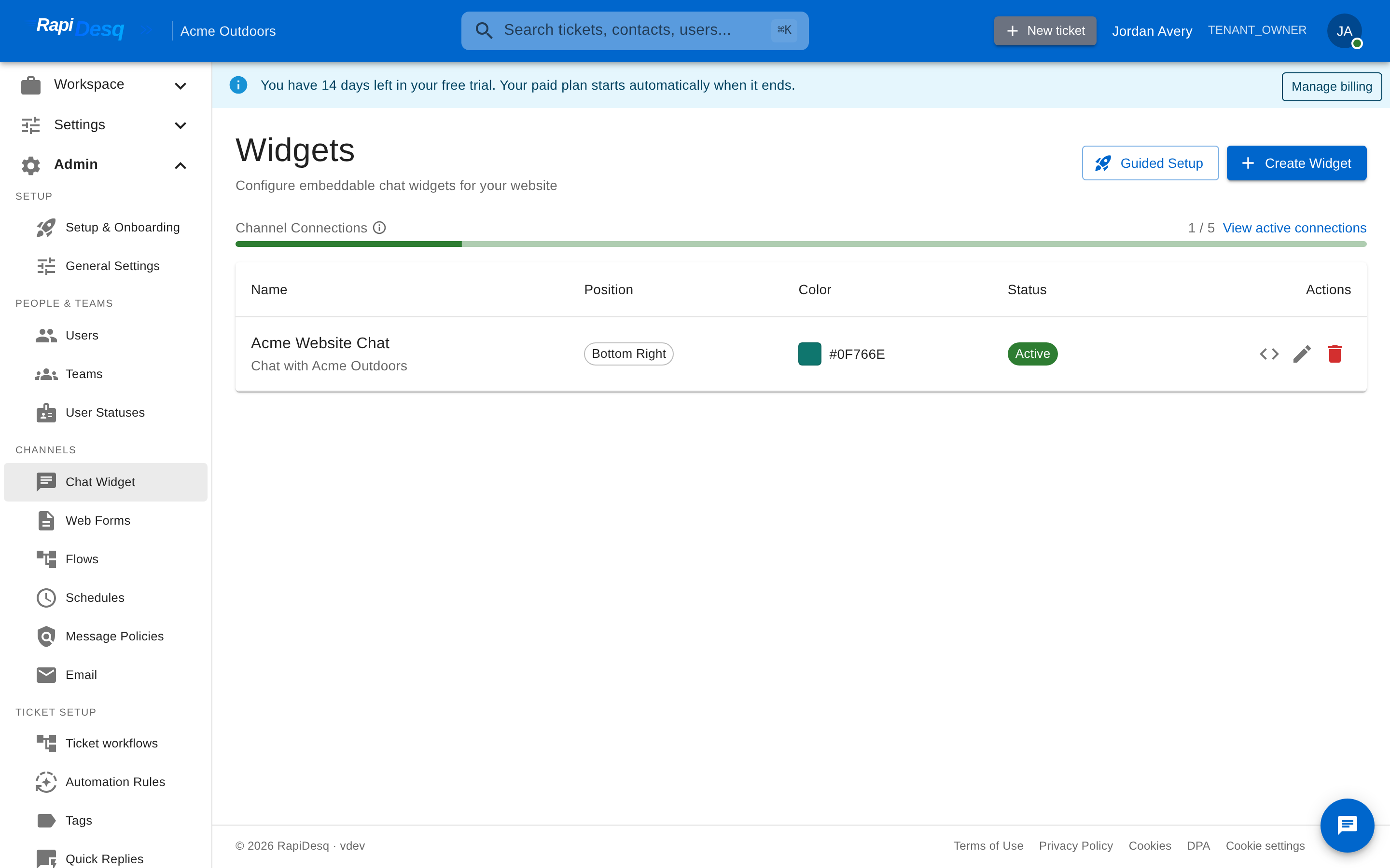 The Chat Widget admin page showing the widget list with embed code, edit, and delete actions