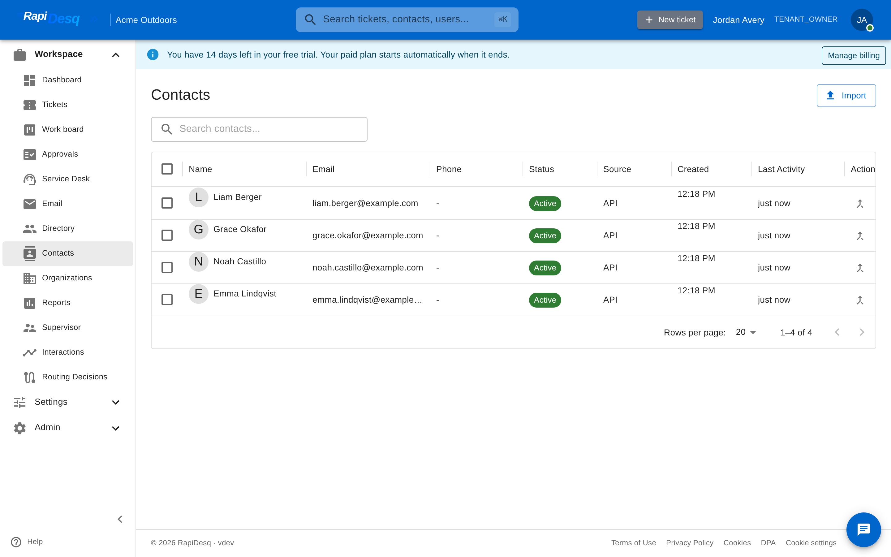 The Contacts page showing the searchable contact list with name, email, phone, status, and source columns