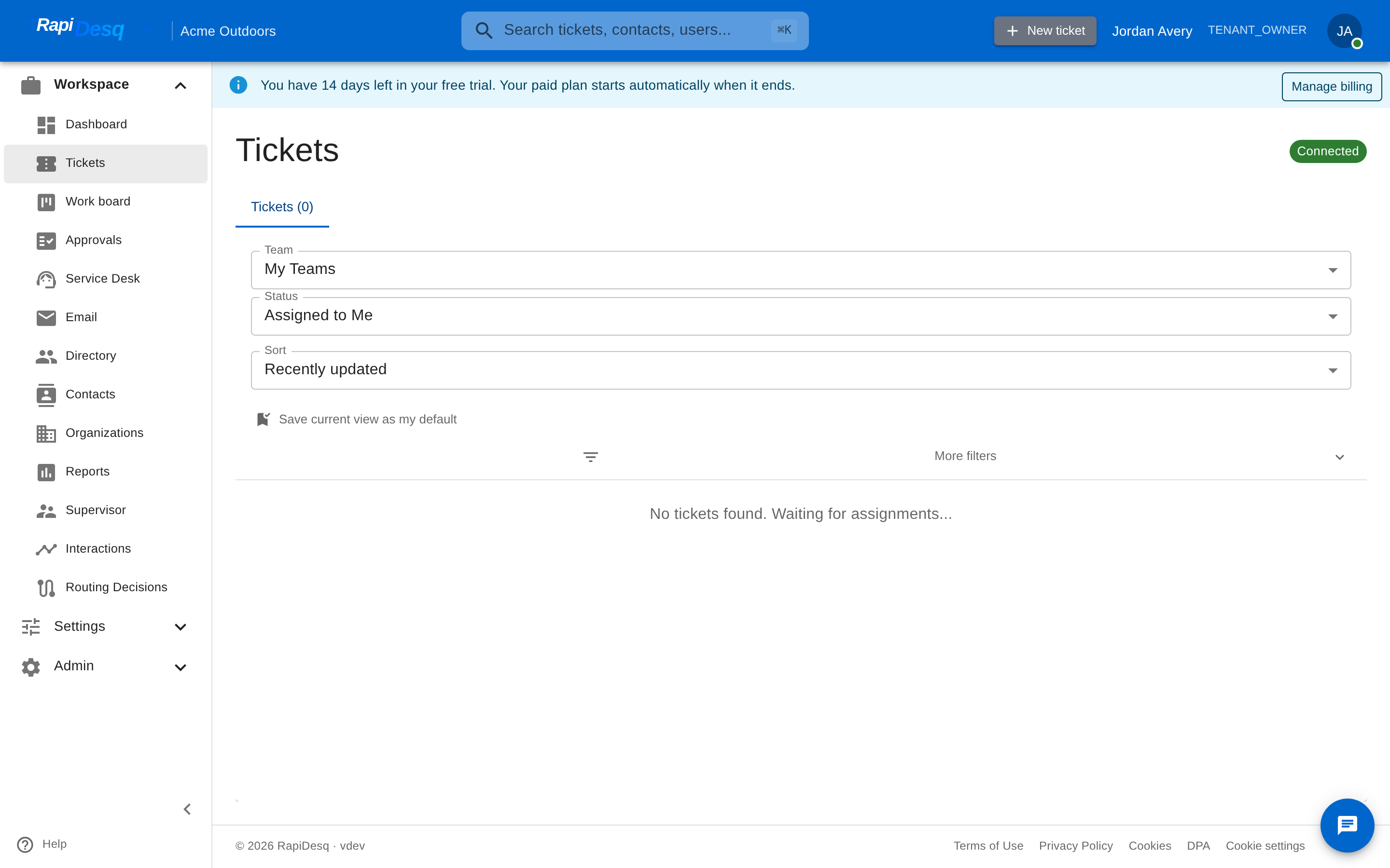 The user Tickets workspace showing the ticket list with team, status, and tag filters next to an open ticket conversation