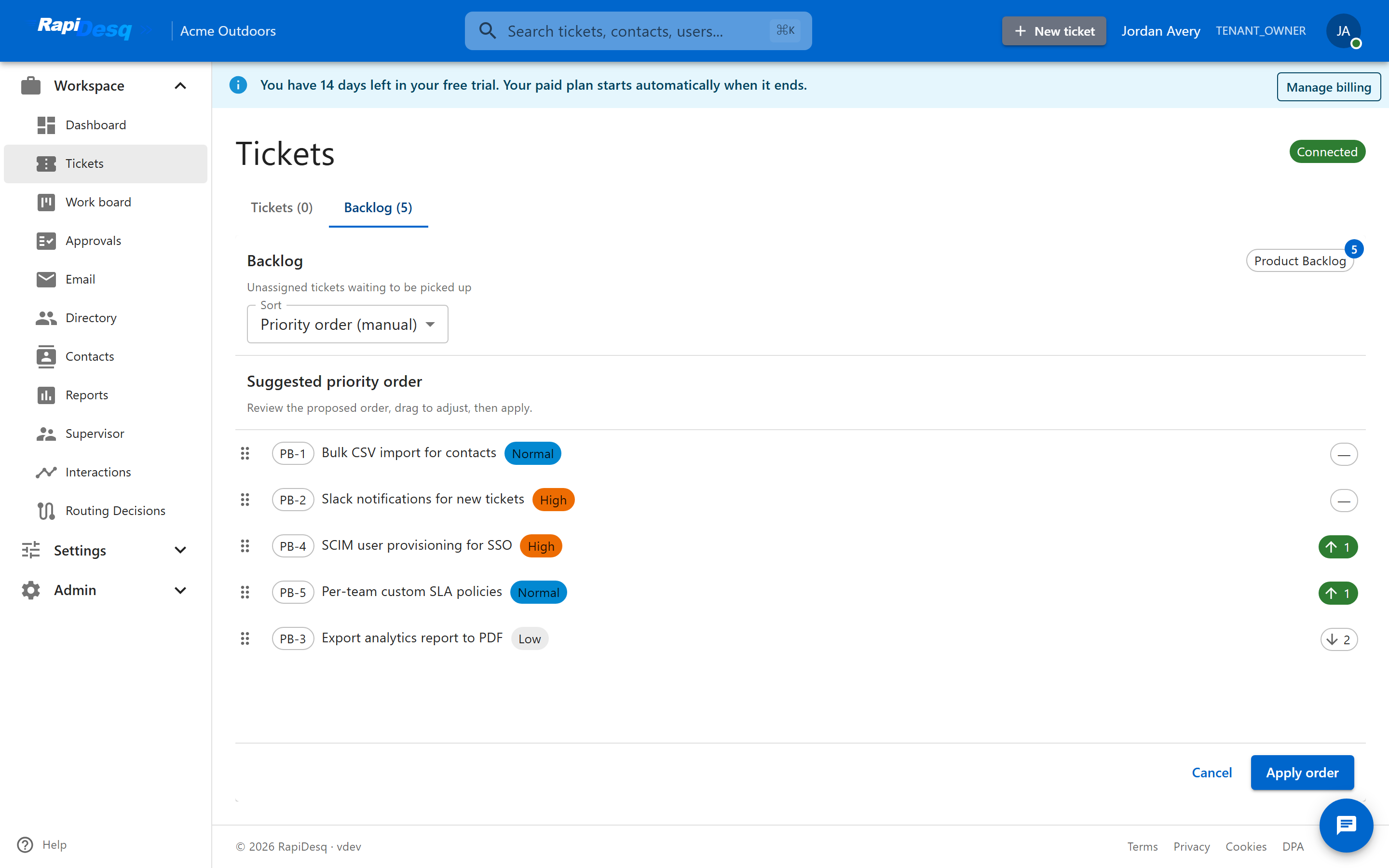 RapiDesq backlog prioritization — a suggested priority order to review, drag to adjust, and apply, with promotion and demotion indicators
