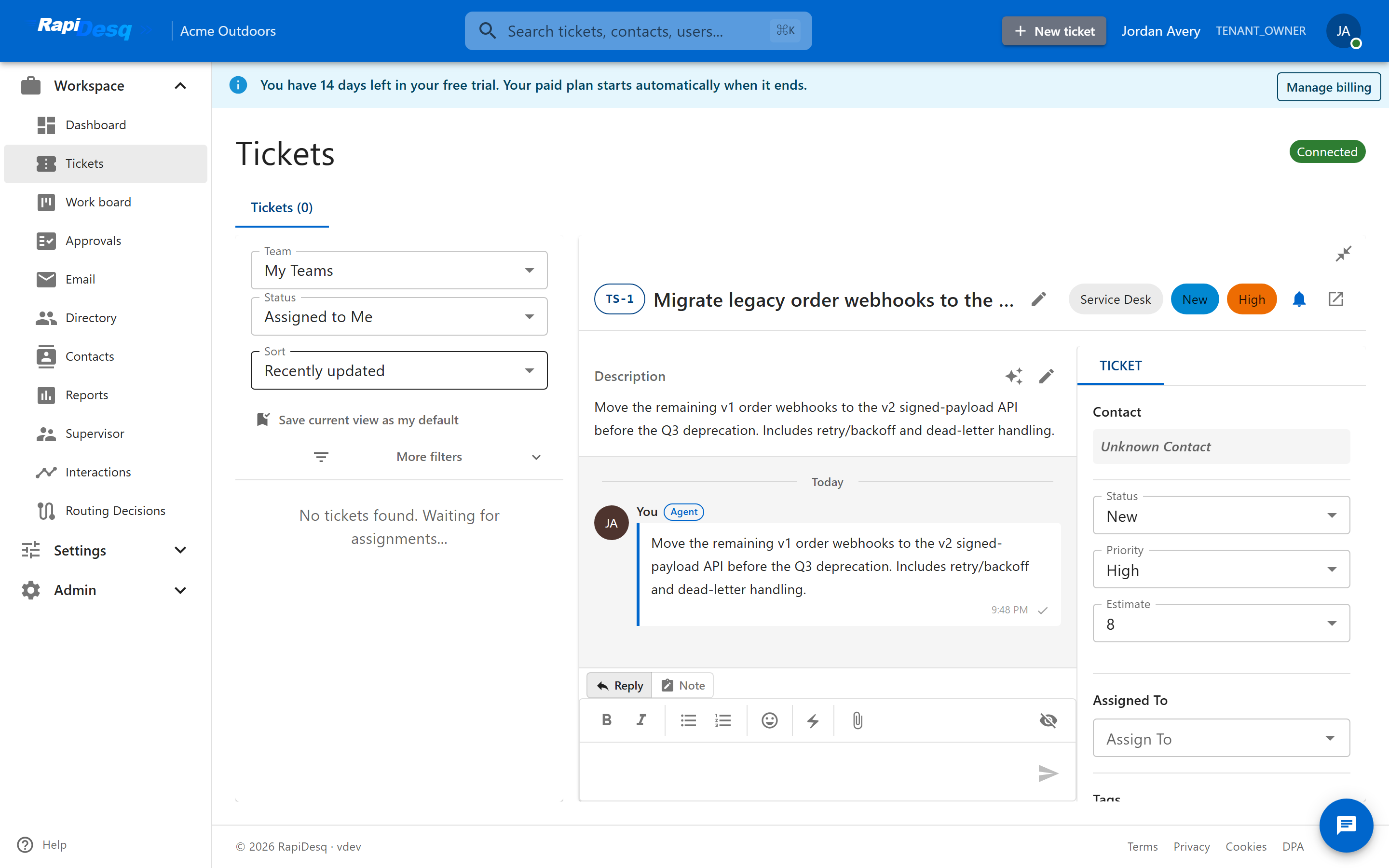 A RapiDesq ticket with a story-point estimate field alongside status and priority