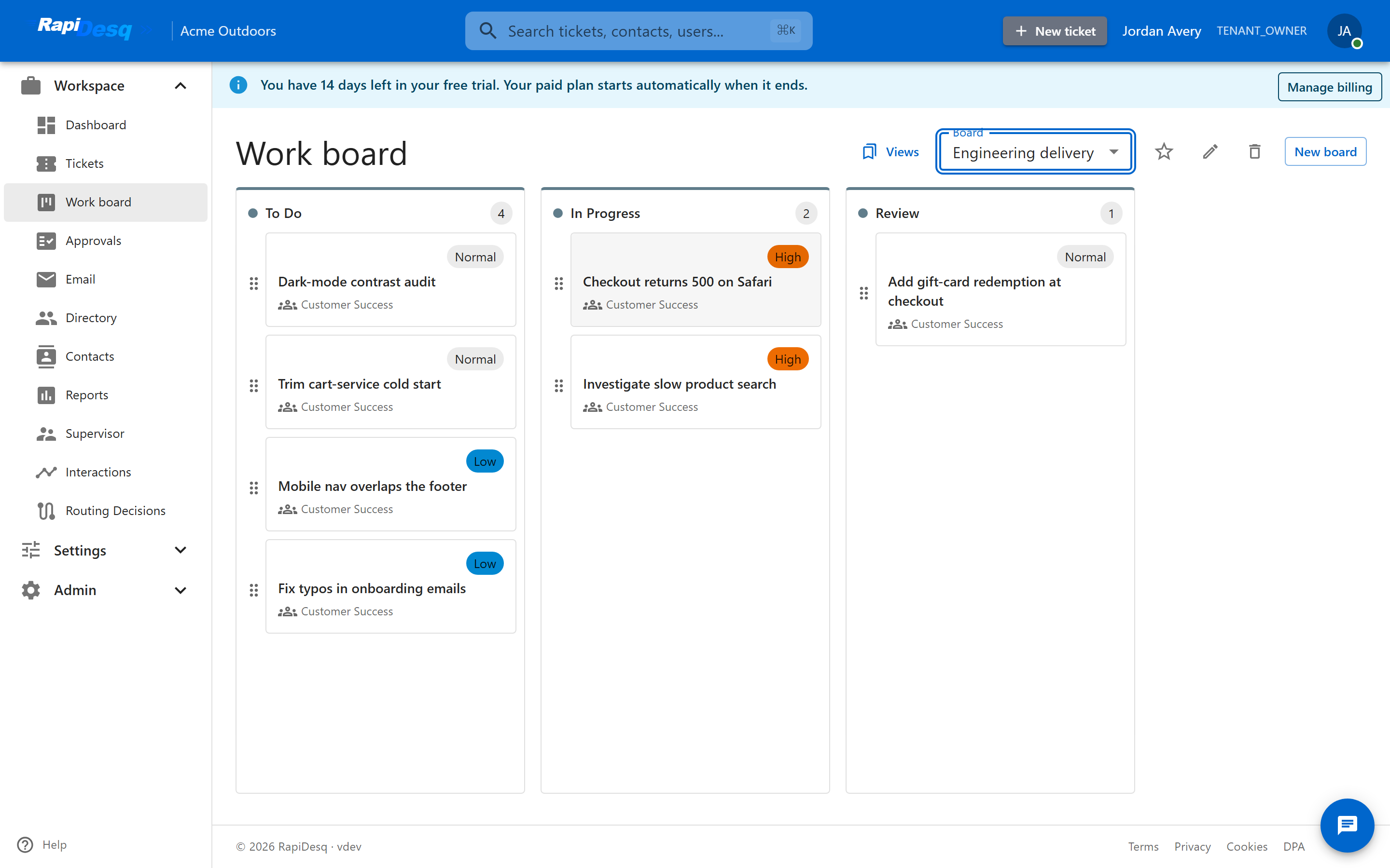 A RapiDesq configurable work board with custom columns (To Do, In Progress, Review) mapped to workflow statuses and prioritized ticket cards